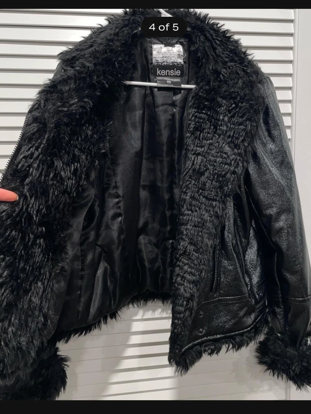 Kensie Black Faux Leather Jacket with Faux Fur Trim